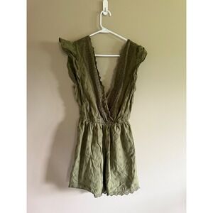 American Eagle Olive Green Eyelet Ruffle Sleeve Romper Womens Small V-Neck Boho
